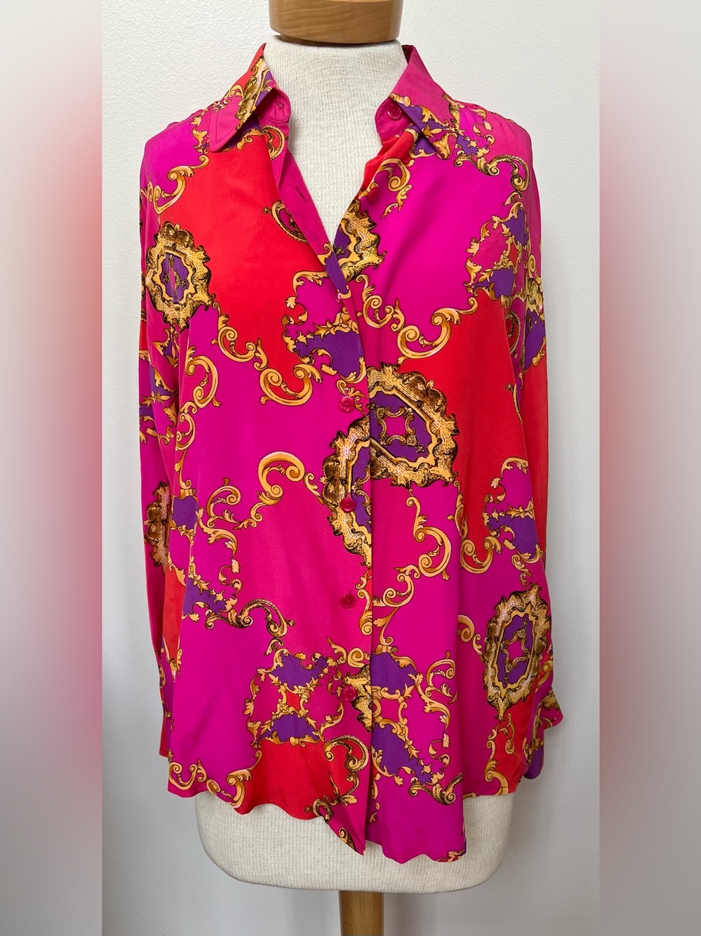 Vintage 100% Silk Baroque Blouse Pink Gold Medusa Print M